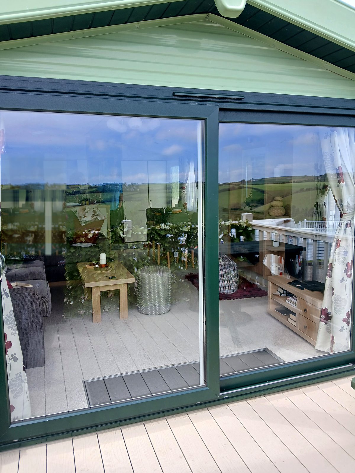 The same caravan with the new sliding patio doors fitted and the glass clear