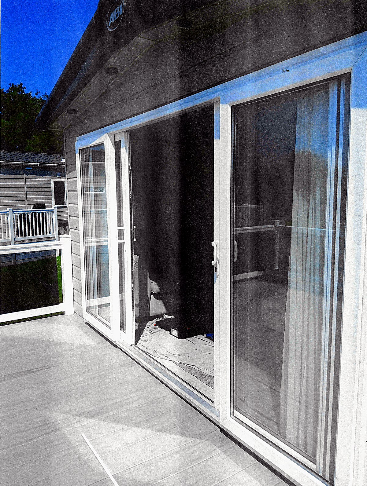 A set of UPVC patio doors on a static caravan recently repaired by Rob in Cornwall